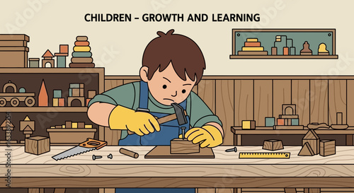 Happy Child Doing Woodworking Project at Home with Hammer and Other Tools