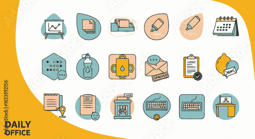 Daily office life icon set. Vector illustrations of business tools, stationery, and work routine symbols.