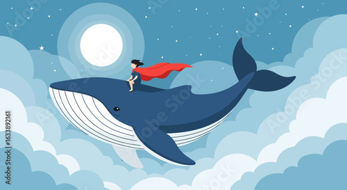 Heroic Journey Aboard Giant Whale Through Cloudy Sky With Stars