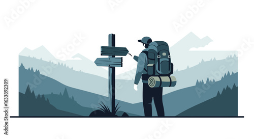 Hiker Deciding On Direction At Trailhead On Mountain Landscape Adventure