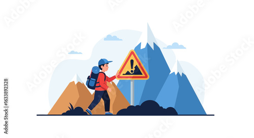 Hiker Encountering Rockfall Warning Sign In The High Mountains Journey