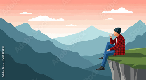 Hiker Enjoying Coffee Atop Cliff With A View Of Mountainous Landscape