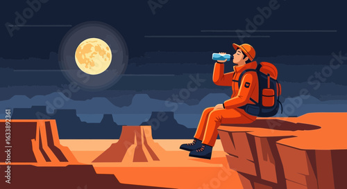 Hiker Hydrating At Night On Desert Cliff Underneath The Shining Moon