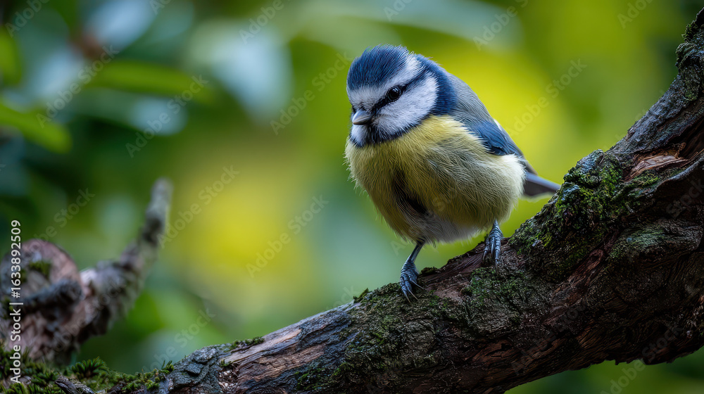 Fototapeta premium Blaumeise auf Baum natürliches Licht sauberer Hintergrund
