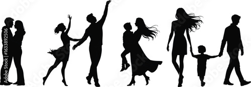 Silhouettes of couples and families, romantic pose, dancing figures, parent-child bonding, emotional connection, walking together, lifting child, love, care, relationship, vector illustration