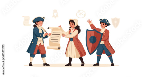 Historical Figures Collaborate On Treaty And Protection In Vector Illustration