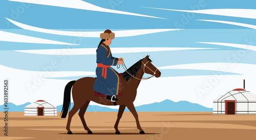 Horseman Rides Across Mongolian Steppe Amidst Yurts And Vast Skies