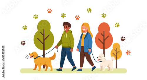 Happy Couple Enjoying Autumn Day Stroll With Their Beloved Dogs Outdoors