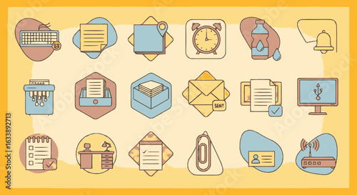 Set of office and business icons in a modern flat line art style. Collection of workplace essentials and productivity tools.