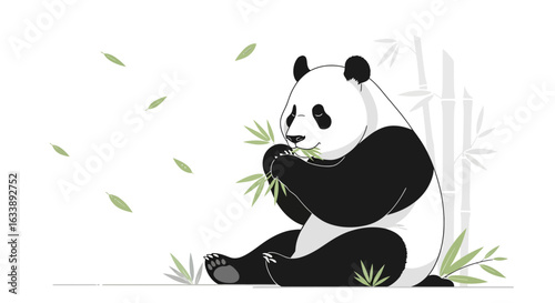 Illustration Of A Giant Panda Sitting And Eating Bamboo With Soft Leaves