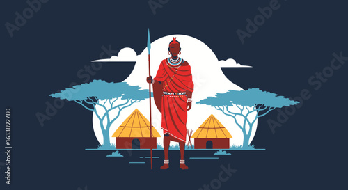 Illustration Of A Maasai Warrior Standing Guard Over His Traditional Village