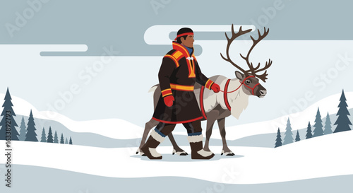 Illustration Of A Man In Traditional Sámi Clothing Walking With A Reindeer