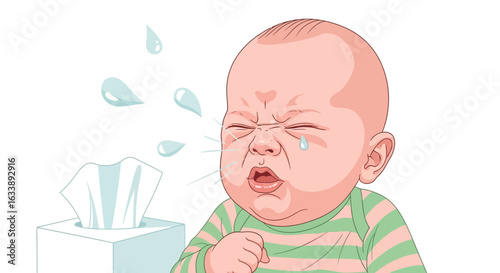 Illustration Of A Sick Baby With Runny Nose Next To Tissue Box