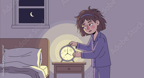 Illustration Of A Tired Young Woman Snoozing Her Alarm Clock At Night