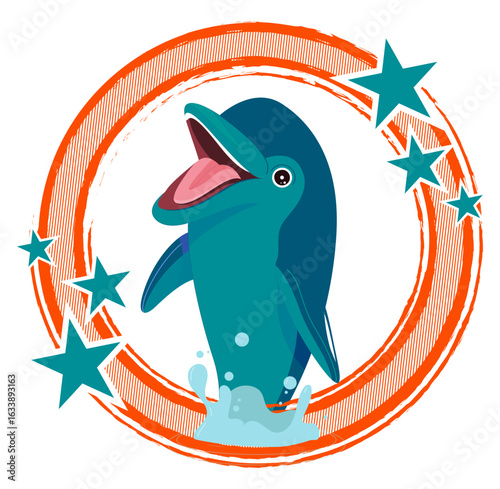 Aqua, orange, white and blue round frame with stars and dolphin, sport vector graphics, retro style