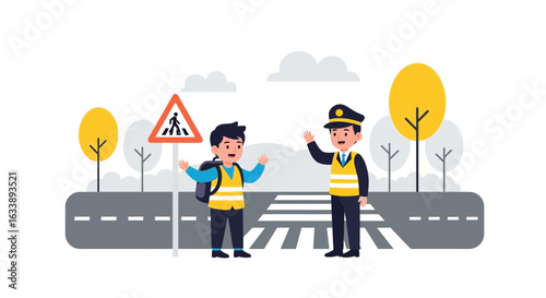 Illustrative Child Crossing Road With Traffic Warden For School Safety Guidance