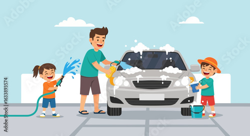 Happy Family Car Wash Day Dad With Son and Daughter Having Fun