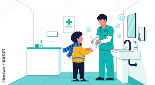 Illustrative Doctor Demonstrates Proper Handwashing Technique For Young Patient