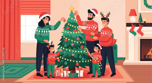 Happy Family Decorating A Beautiful Christmas Tree In Living Room