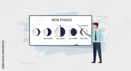 Illustrative Man Explains Lunar Phases During A Science Presentation Lesson