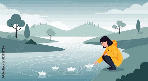 Girl Playing With Paper Boats By The River In A Tranquil Landscape