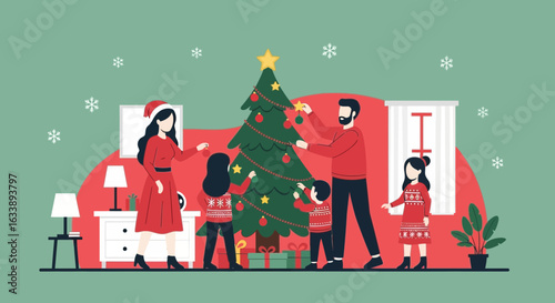 Happy Family Decorating Christmas Tree Together In Living Room Illustration