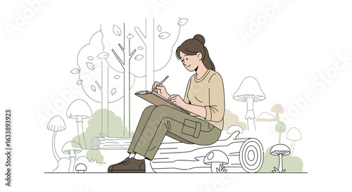 Illustrative Scene Of A Young Woman Sketching Mushrooms In Forest Landscape