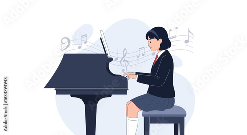 Girl Practicing Piano Keyboard, Elegant Schoolgirl Playing Musical Instrument