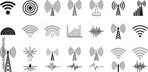 Modern communication signals, wireless icons and radio waves