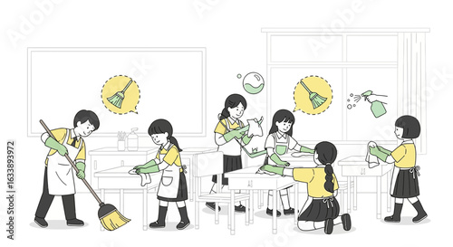 Illustrative Students Cleaning Classroom Surfaces Together After School Routine