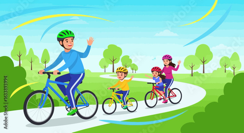 Happy Family Enjoying a Bike Ride in Nature Together on a Sunny Day