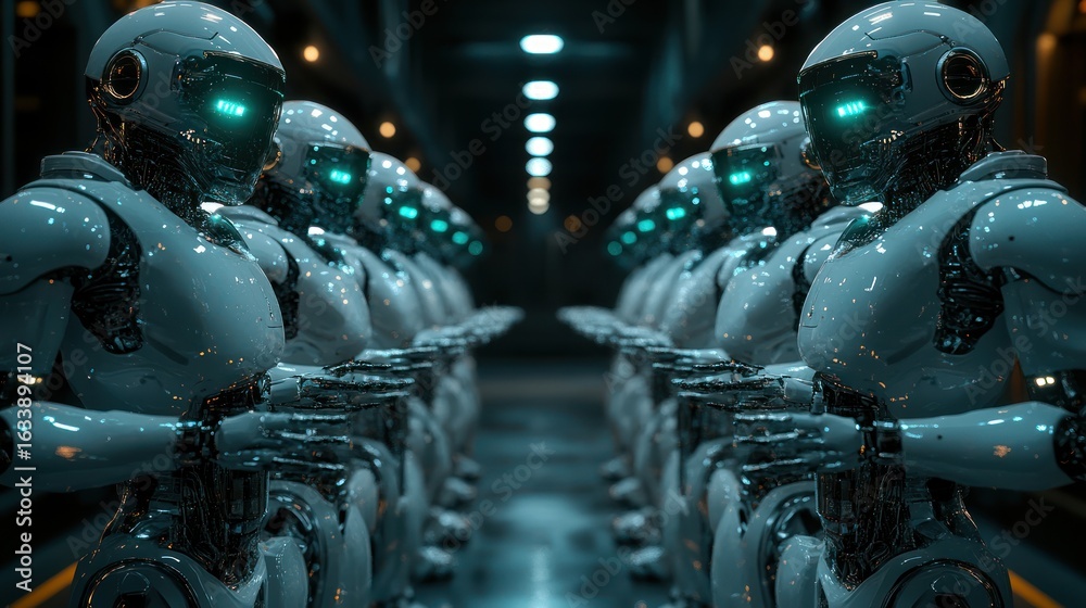 Fototapeta premium Futuristic robots in a symmetrical corridor, awaiting orders