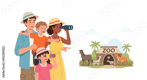 Happy Family Enjoying a Day At The Zoo Looking Through Binoculars