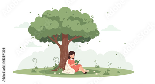 Girl Reading Book Under Shady Tree In Nature Peaceful Scene Vector Illustration