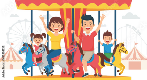 Happy Family Enjoying a Merry-Go-Round Ride at Amusement Park Together