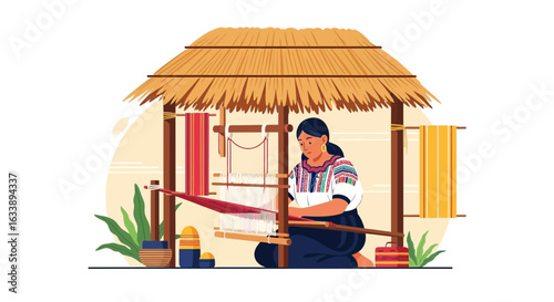 Indigenous Artisan Weaving Textile On Traditional Loom In Rural Setting