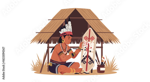 Indigenous Artist Painting Traditional Shield in Village Scene Illustration