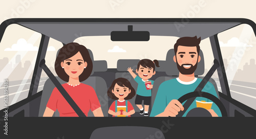 Happy Family Enjoying A Road Trip Together With Drinks In Their Car