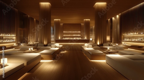 Modern hotel lobby bar area with seating, warm lighting