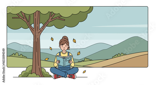 Girl Relaxing Underneath Tree Reading Book In Peaceful Mountain Landscape