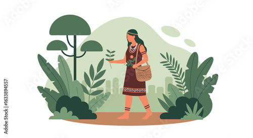 Indigenous Woman Walking Through The Forest With Plants For A Sustainable Life
