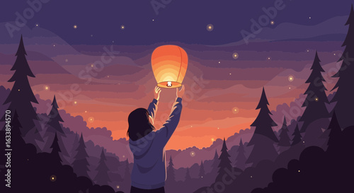 Girl Releasing Lantern Into the Evening Sky Forest Full of Wishes