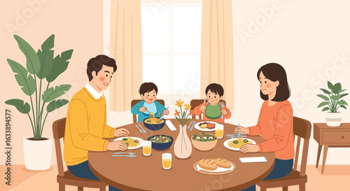 Happy Family Enjoying Dinner Together At Home In Warm And Cozy Environment