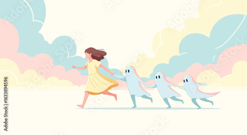 Girl Running Away From Her Own Past Symbolizing Childhood Memories Illustration