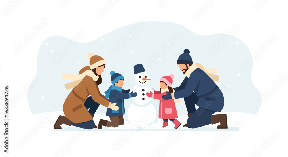 Naklejka premium Happy Family Enjoying Outdoor Activities And Building A Snowman Together
