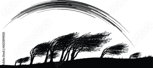 Silhouette trees bent by wind, with a stylized arc of wind above