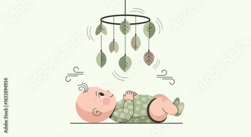 Infant Lying Under A Crib Mobile With Leaves Illustration For Nursery Room