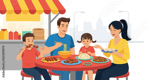 Happy Family Enjoying Street Food Together At A Local Vendor Stall