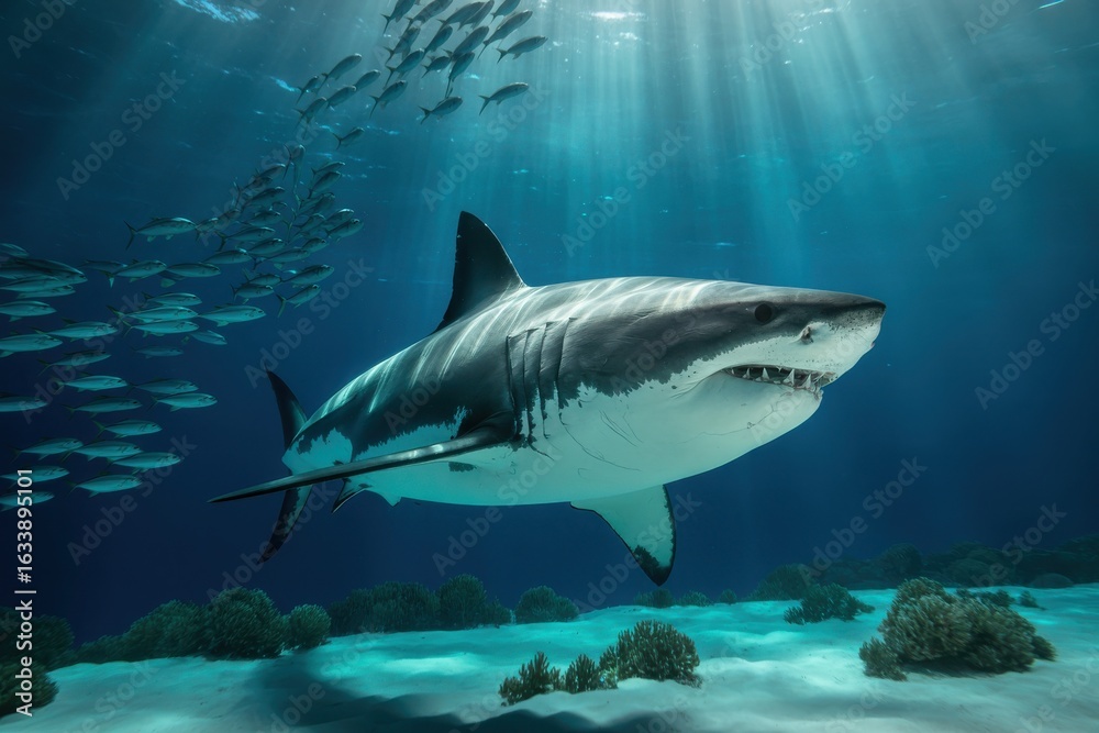 Fototapeta premium Great white shark swims in the deep blue ocean with sunlight rays