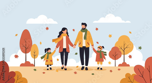 Happy Family Enjoying Together in Autumn Season Walking on a Park